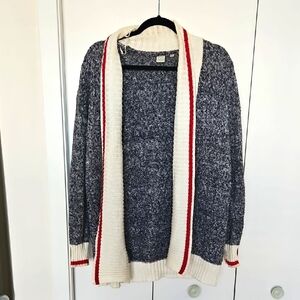 Simons Grey and Cream Cardigan Sweater with Red Accents